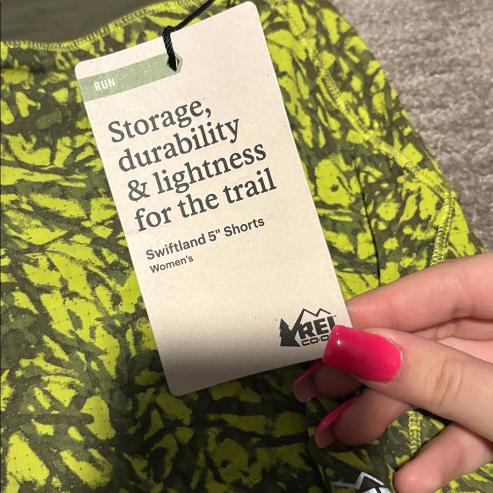 REI Women's Neon Green Patterned Athletic Shorts - Picture 2 of 4